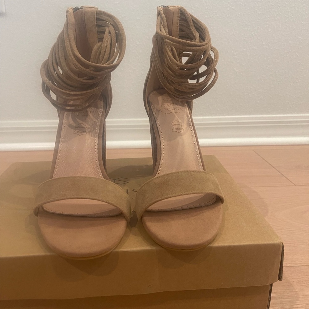 Vici Tan High Heel Sandals with Intricate Ankle Straps